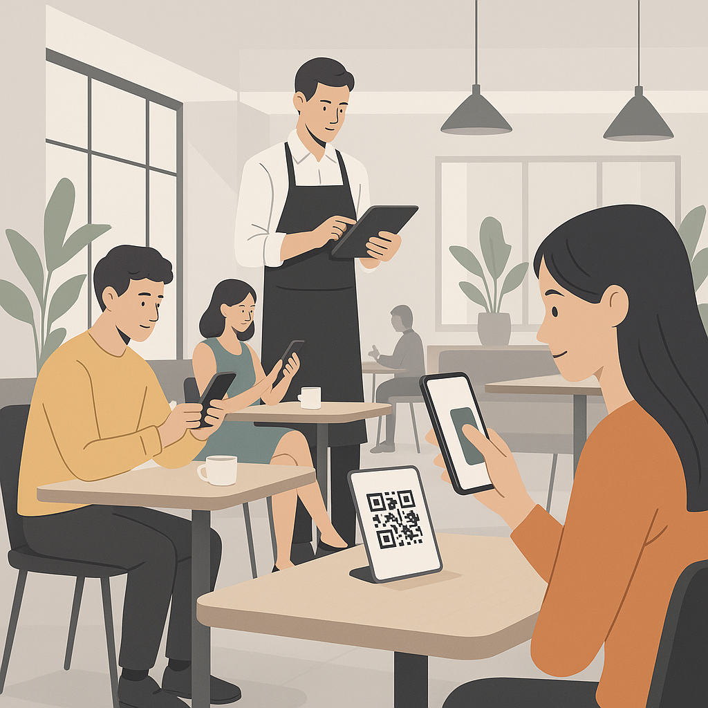 Restaurant customers scanning QR codes for digital menu